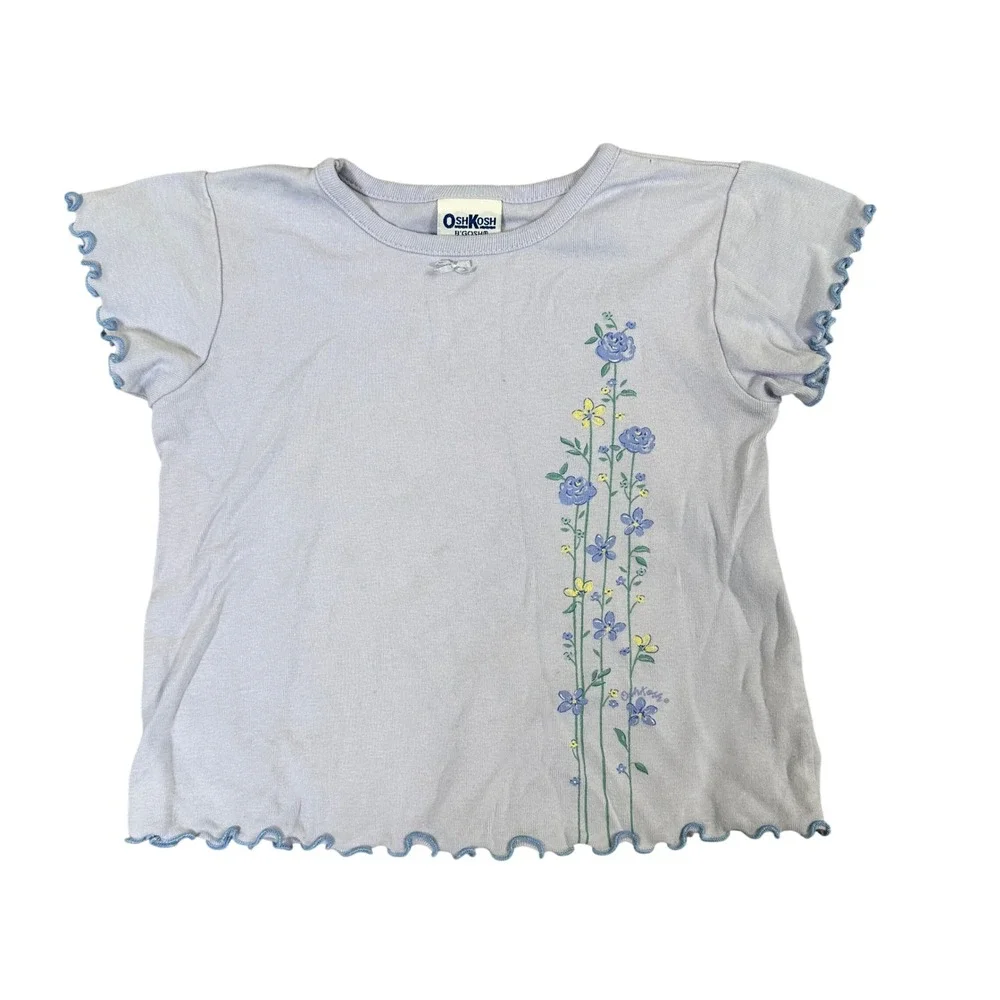 Vintage OshKosh Bgosh Girls Lavender Floral Lettuce Edge Cotton Top Size 6 USA